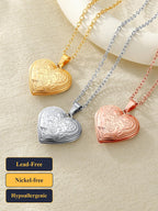 U7 Memorial Photo Locket Necklace, Women Silver Heart Pendant with Engrave