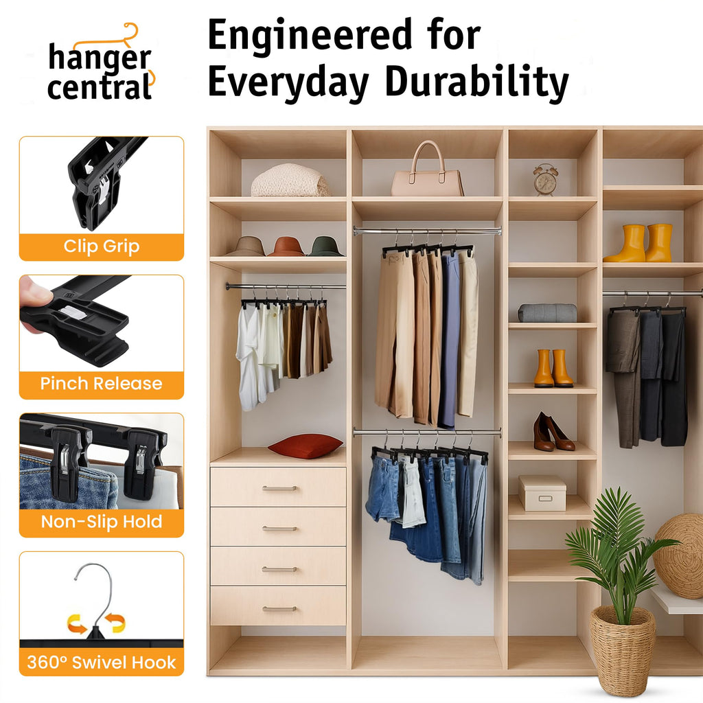Hanger Central 12 inch 30 Pack Pants Hangers Slim Plastic Black
