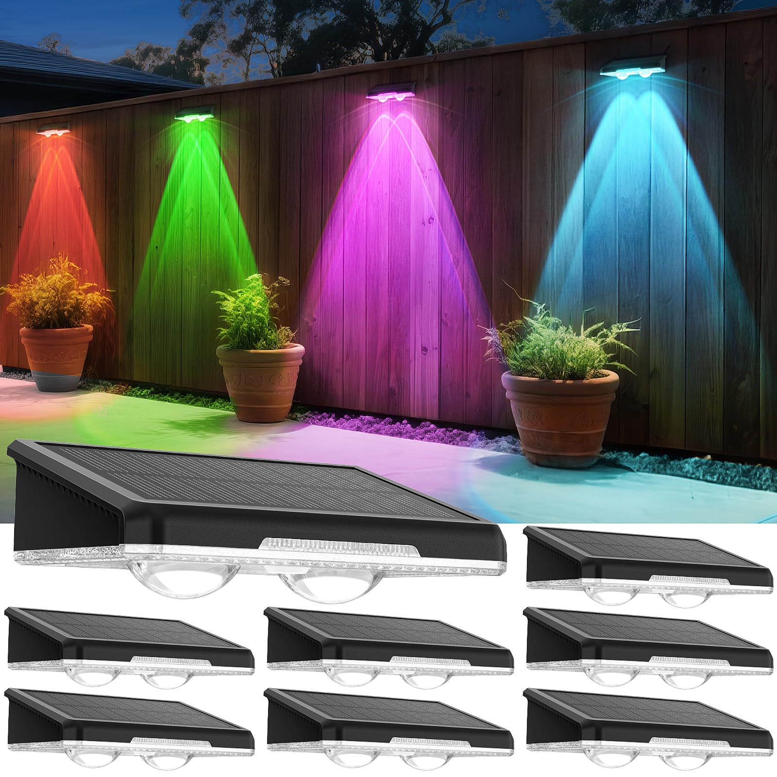 APILAB Solar Fence Lights Outdoor 8 Pack - 8 Modes (RGB Cycle/Fixed), Fence Lights Solar Powered for Outside, IP65 Waterproof, Deck Lighting for Wall, Step, Patio, Pathway, Stairs