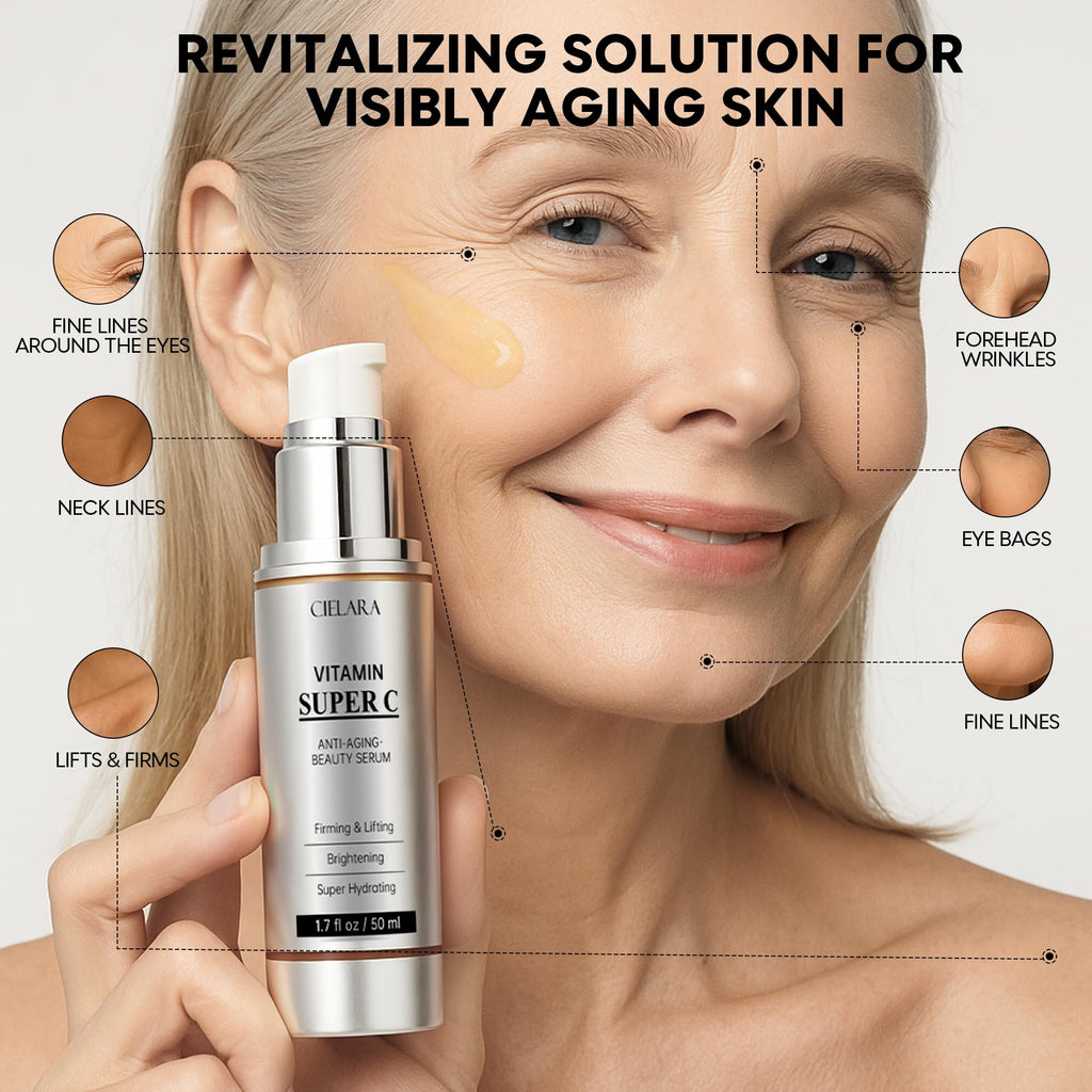 CIELARA Vitamin C Serum for Face, Anti Aging 20% Super C Serum With Vit C Hyaluronic Acid, Vitamin E, Peptides, Collagen Wrinkle Serume for Dark Spot, tighten, firming, lift, Brightening-1.7 Fl Oz