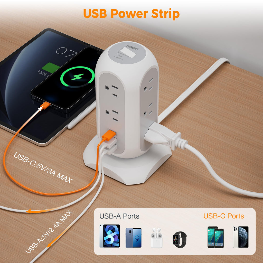 Power Strip Tower with Surge Protection, TESSAN Flat Plug Extension Cord 6 Feet with Multiple Outlets 3 USB Ports (1 USB C), Office Desk Supplies, Dorm Essentials