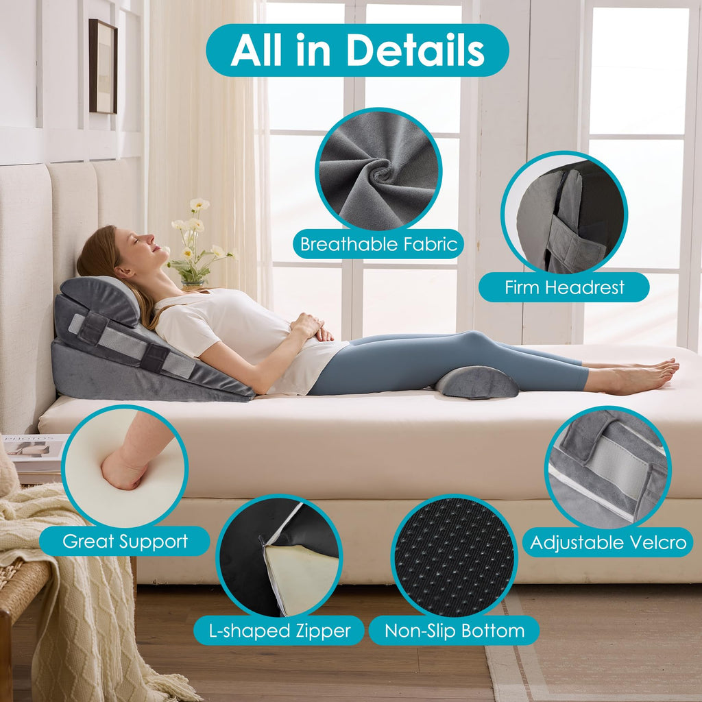 WGAKCED 3Pcs Wedge Pillow Set for After Surgery,Acid Reflux Relief, Adjustable Bed Wedge Pillows for Sleeping,Anti Snore, Memory Foam Triangle Pillow for Back&Neck&Shoulder Pain Relief, Plush Grey