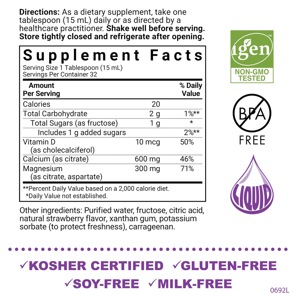 Bluebonnet Nutrition Liquid Calcium Citrate Calcium Citrate, Magnesium Citrate, Vitamin D3, Bone Health, Gluten Free, Soy Free, Milk Free, Kosher, 32 Servings, Strawberry Flavor, 16 Fl Oz (Pack of 1)