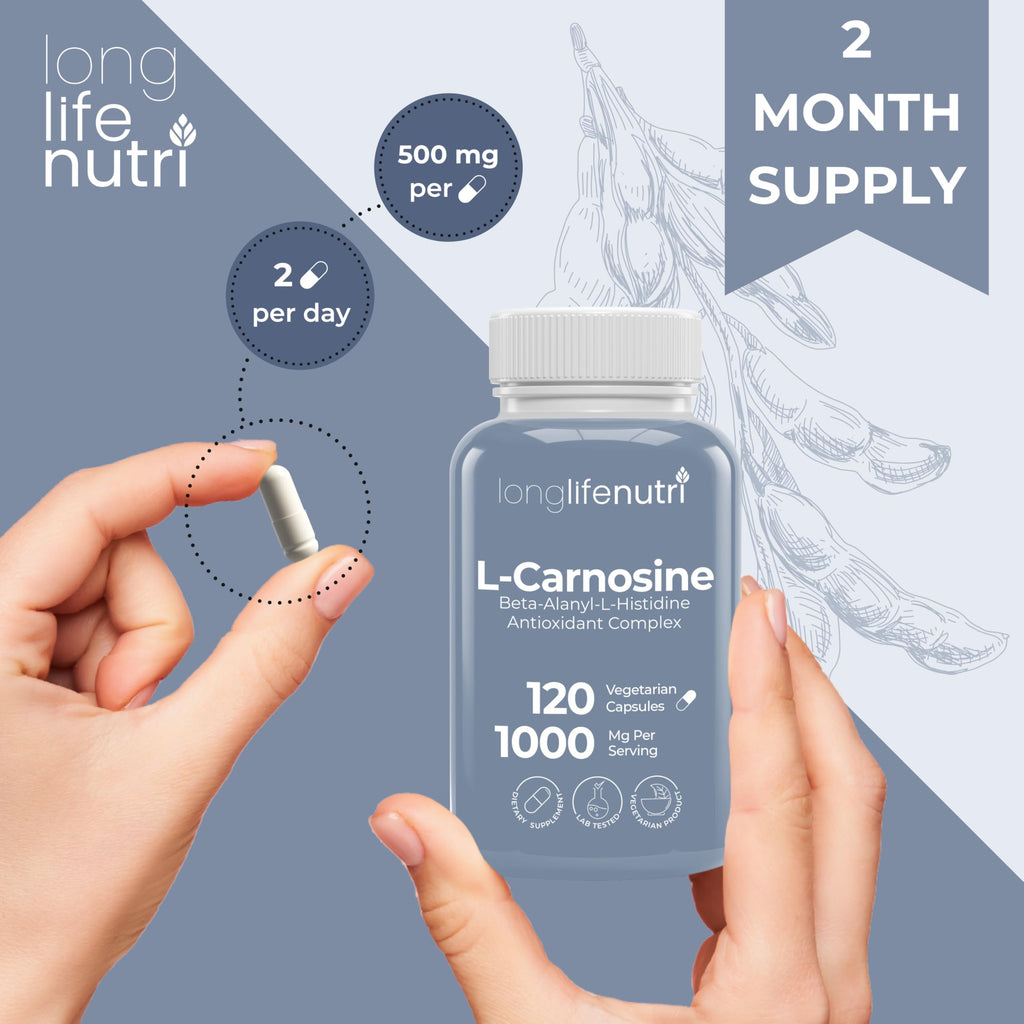LongLifeNutri L-Carnosine 1000mg - Beta-Alanyl-L-Histidine Supplement for Cellular Energy & Brain Clarity, 120 Vegetarian Capsules, 2-Month Supply, GMP Certified, Made in USA