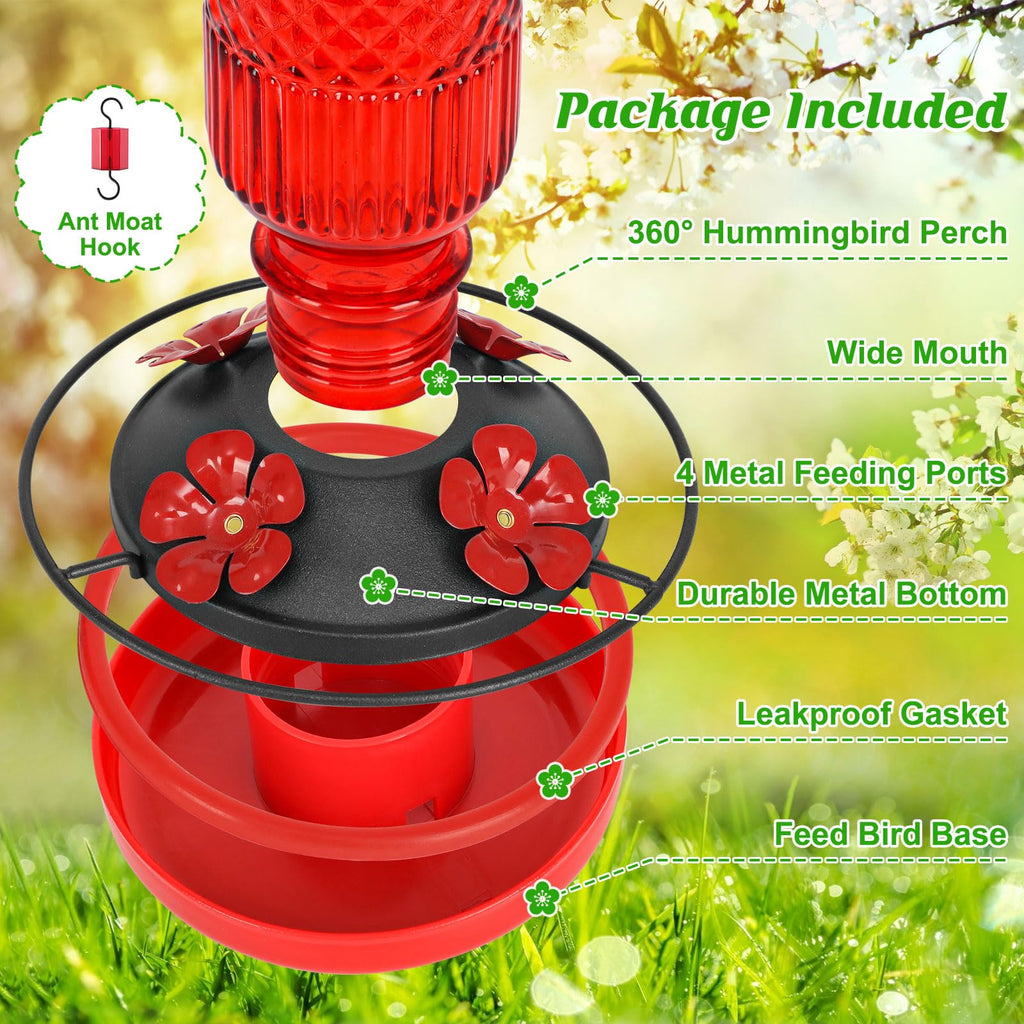 FEED GARDEN Glass Hummingbird Feeder for Outdoors Hanging, 16 OZ Humming Birds Feeders with 4 Bee Guard Feeding Ports & Built-in Ant Moat, Bird Feeder for Outside, Gifts for Women Mom, Red