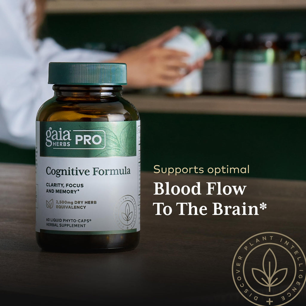 GAIA HERBS PRO Cognitive Formula - Brain Health & Blood Flow Support Supplement* - Circulation Support Supplement* with Fo-TI Root, Ginkgo Leaf, & Gotu Kola Leaf - 60 Liquid Phyto-Caps (30 Servings)