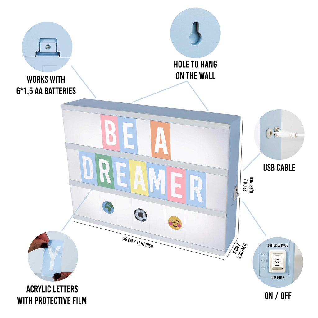 BONNYCO Blue Cinema Light Box with 400 Letters, Emojis and 2 Markers, USB