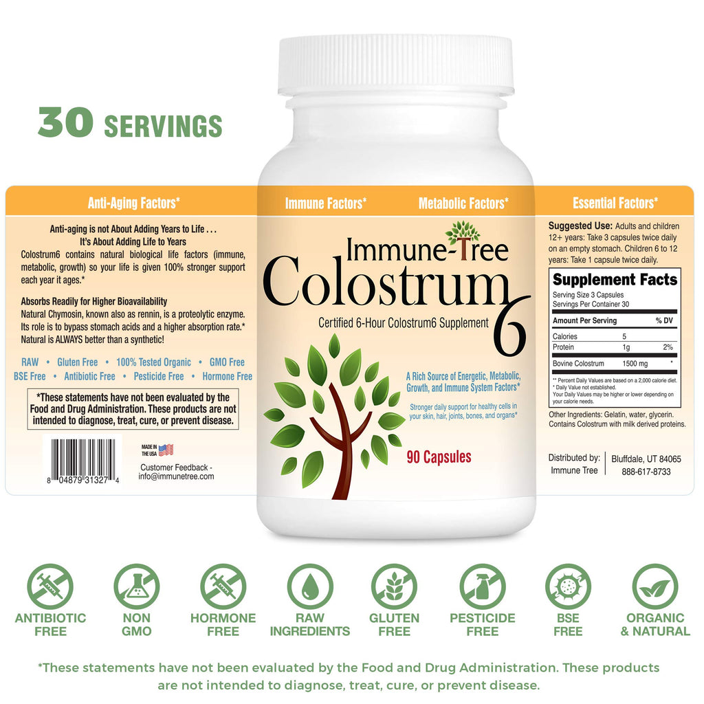 Immune-Tree 100% Pure Bovine Colostrum (Grass-Fed) | High IgG for Immune Support & Gut Health | Anti-Aging | Colostrum Supplement for Adults & Kids | 90 Capsules | 30 Servings