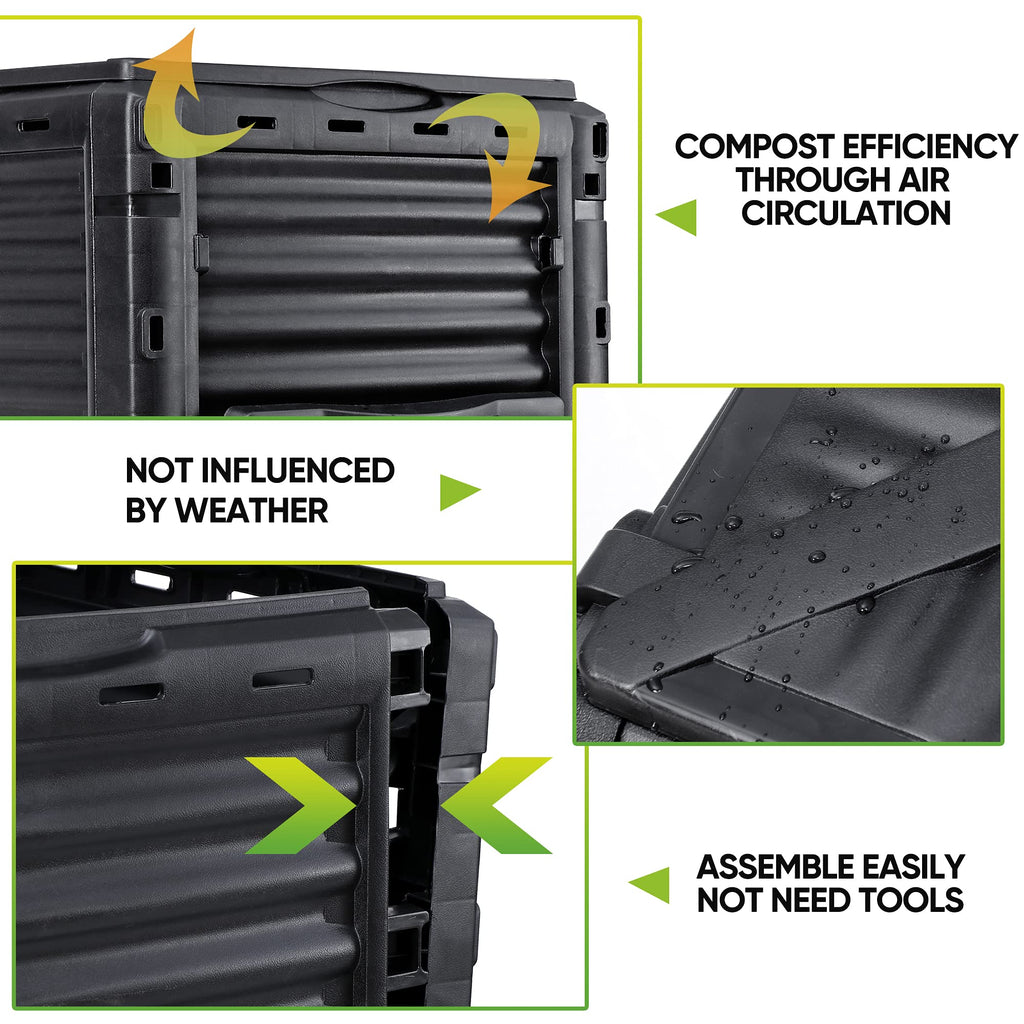 F2C Compost Bin 80 Gallon,Includes Gloves, Large Compost Bin w/Top Flip Latch-on Lid, Bottom Exit Door Aerating Outdoor Garden Compost Box,BPA Free Material for Backyard Outdoor, Black