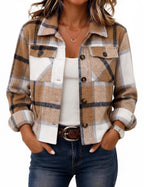 Zeagoo Flannels for Women Cropped Shacket Plaid Button Long Sleeve Jacket