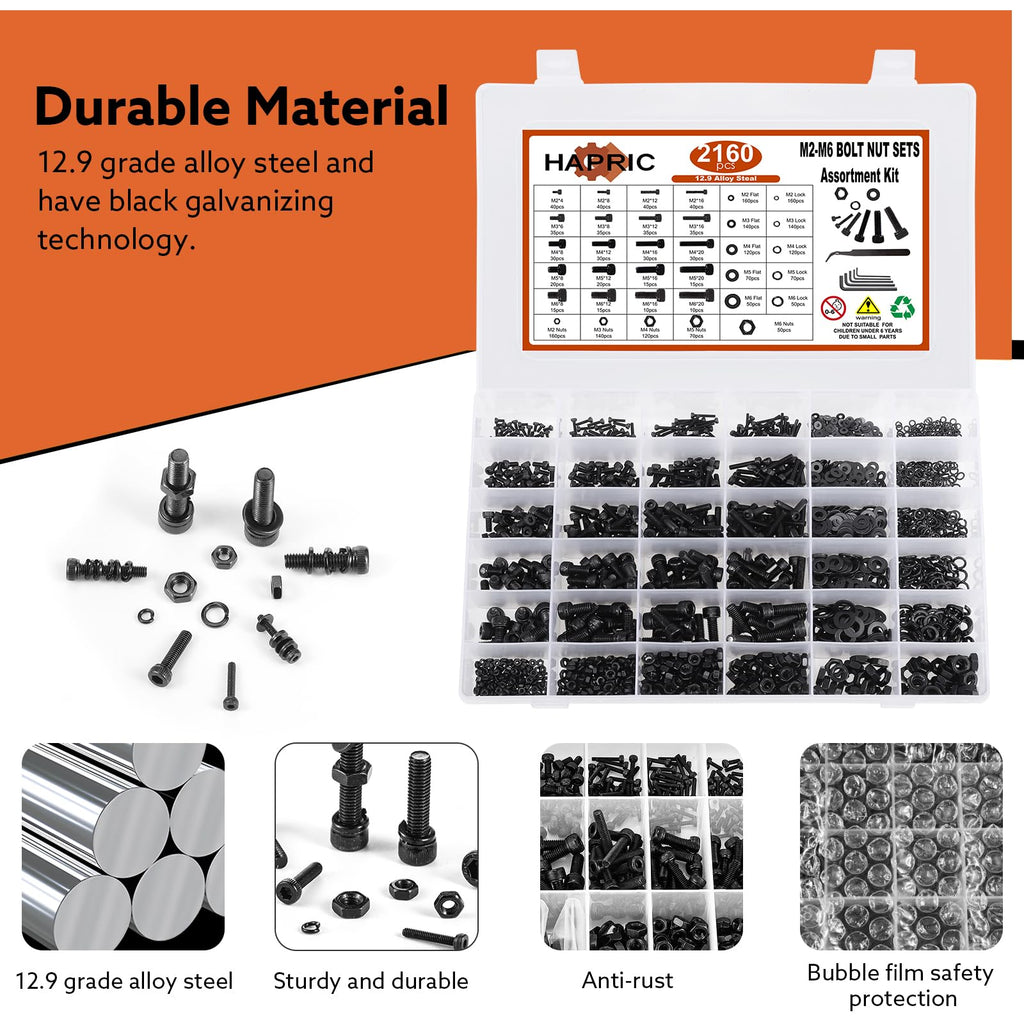 Hapric 2160 Pcs Metric Screw Assortment Metric Bolts M2 M3 M4 M5 M6 Nuts and Bolt Kit, 12.9 Alloy Steel Black Zinc Plated Hex Socket Head Screws Nuts Bolts and Washers Set