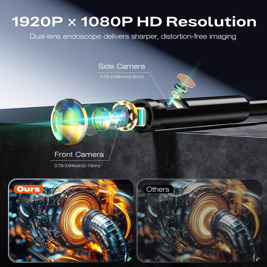 Borescope Dual Lens Endoscope Camera with Light, 4.3" IPS 1920P HD Inspection Camera, 7.9mm IP67 Waterproof with 8+1 Adjustable LEDs, 16.5FT Semi-Rigid Snake Cable for Mechanic, Cool Gadgets for Men