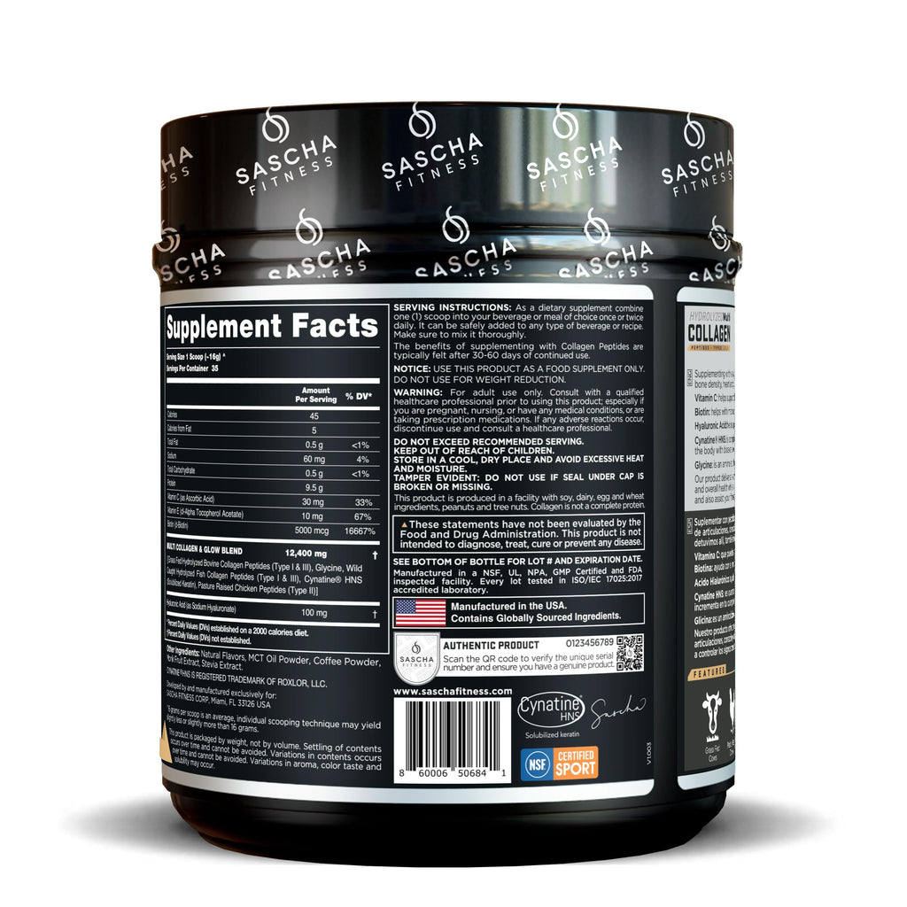 SASCHA FITNESS Hydrolyzed Multi Collagen Peptides Tipes 1,2 & 3 |Hyaluronic Acid|Biotin |Cynatine HSN|Vitamin C & E |for Hairs, Skin & Bone Support|Caramel Macchiato
