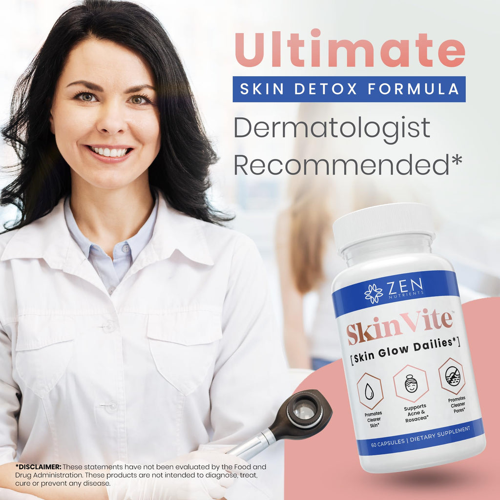 Zen Nutrients SkinVite Natural Skin Supplement for Women, Men & Teens - Hormonal Breakouts & Clear Skin Support Supplement - Detoxifying Vitamin for Acne and Digestion Support