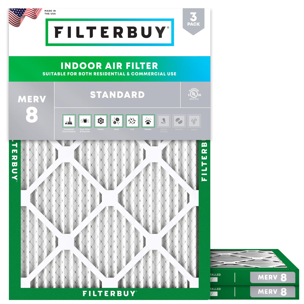 Filterbuy 21x23x1 Air Filter MERV 8 Essential Dust & Allergy Defense (3-Pack), Electrostatic Pleated HVAC AC Furnace Filters Replacement, Made in USA (Actual Size: 20.50 x 22.50 x 0.75)