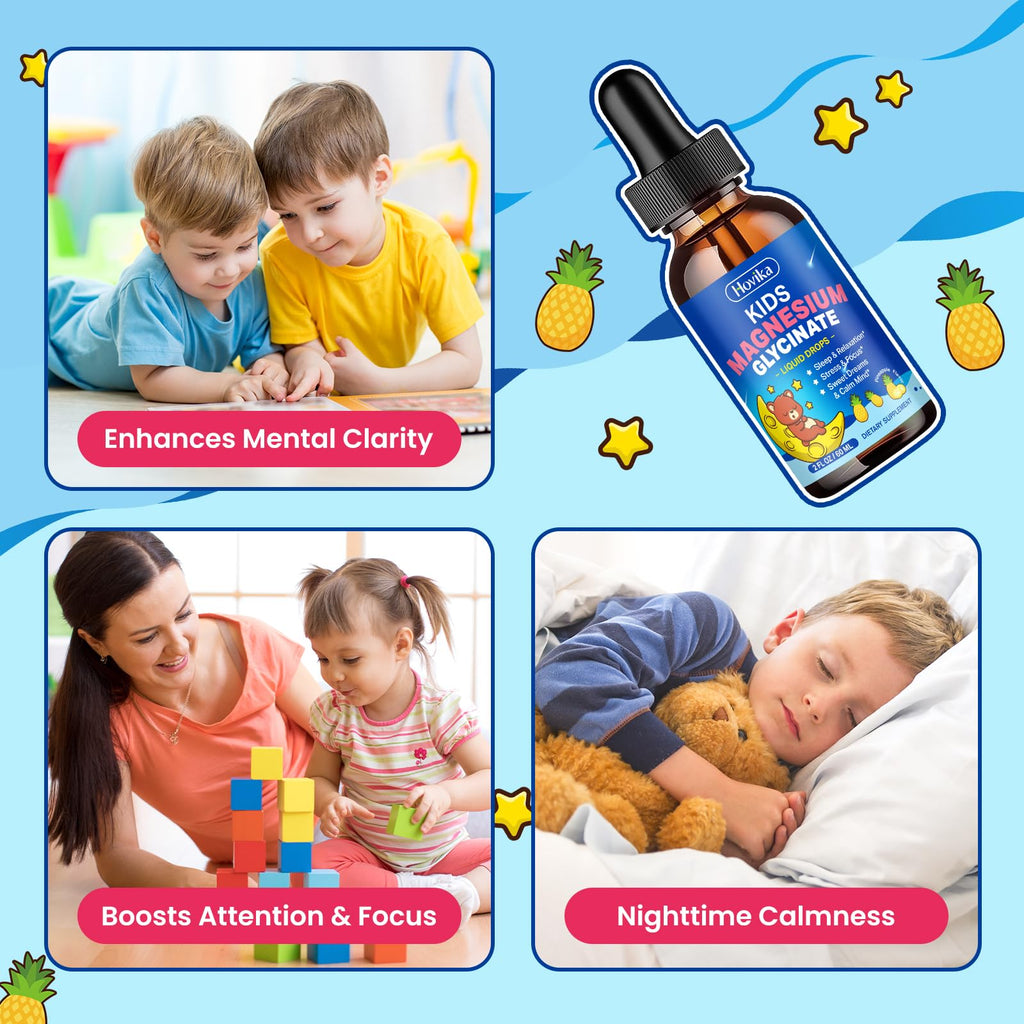 Kids Magnesium Glycinate Liquid with L-Theanine Omega-3, Vitamin B6, D3, Zinc, Magnesium Liquid Drops for Kids Sleep, Relaxation, Calm & Focus, 2 Fl Oz Pineapple Flavor
