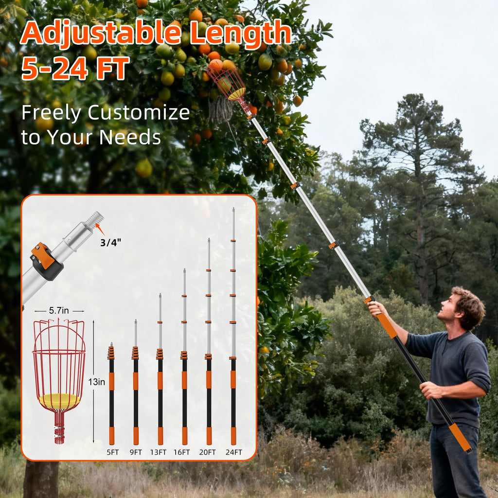 TONYINGO 30FT Reach Fruit Picker with Basket, Telescoping Aluminum Pole 5-24FT, Dual Flip-Lock & Screw Fixing Design for Apple Orange Mango Avocado Lemon Picking