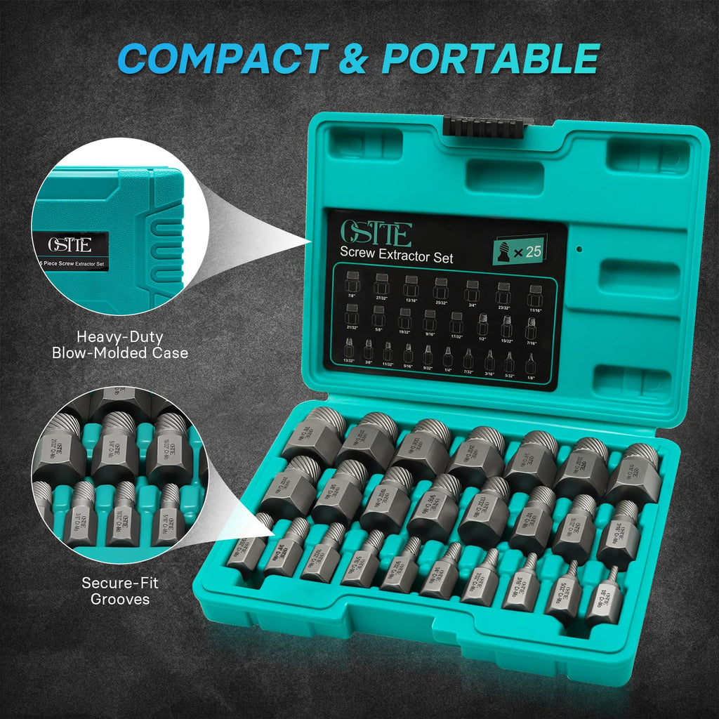 OSTTE 25Pcs Bolt Extractor Kit, Screw Extractor Set Hex Head, Multi-Spline Easy Out Bolt Extractor Tool, Removes Broken Stripped Screws Bolts, Cr-Mo
