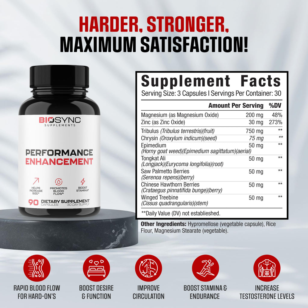 BioSync | Fast Acting Blood Flow Pills for Men | Maximum Dosage Enlargement Pills to Gain Size, Girth, Male Performance, Energy & Stamina | 9 Ultra Dosed Ingredients | 3rd Party Tested - 90 Capsules
