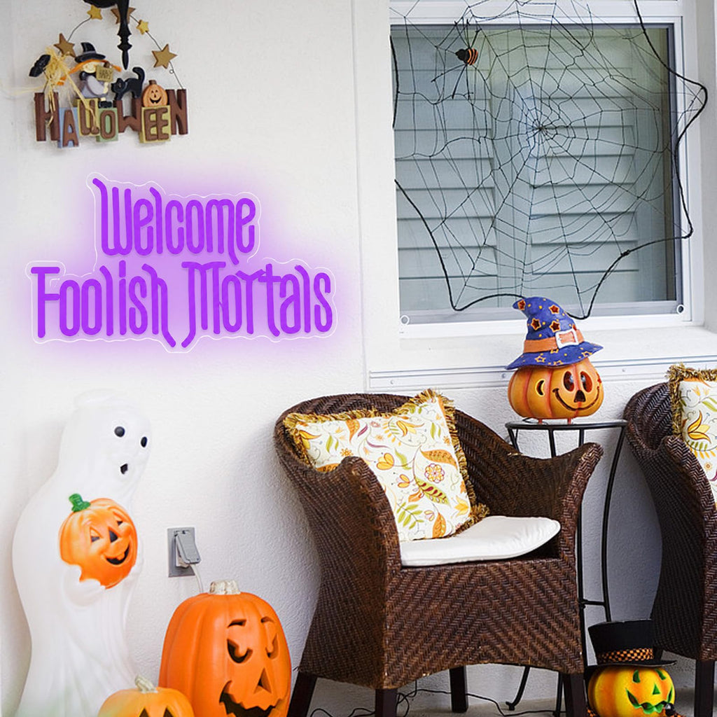 Welcome Foolish Mortals Neon Sign, Halloween Neon Light Spooky Gothic Haunted Mansion LED Coffin Decor USB Powered, for Horror Movie Party Haunted House Man Cave Home Room Themed Bars(16.1 * 9.4 In)