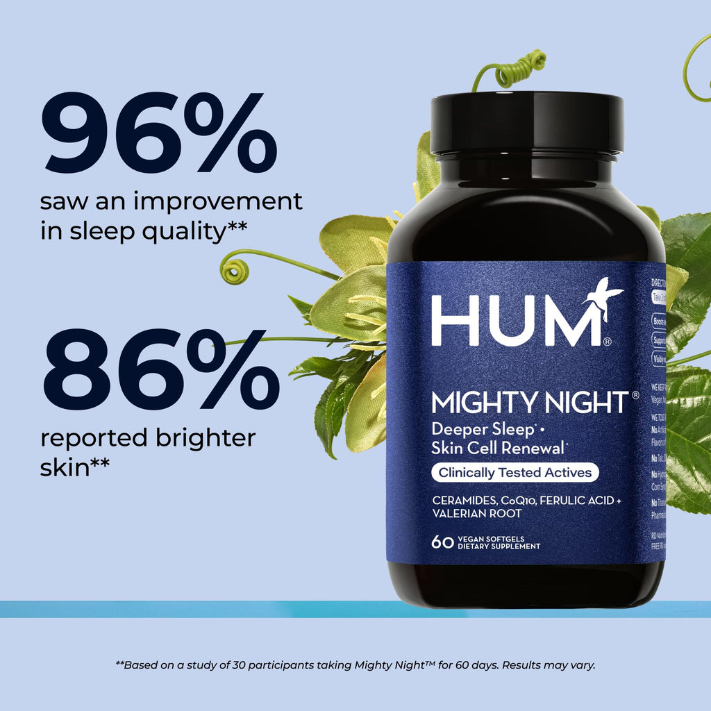 HUM Mighty Night Nighttime Sleep Supplement for Skin Care, CoQ10, Valerian Root & Ferulic Acid to Support Cell Turnover, Skin Vitamins for Women and Men, Overnight Beauty Vitamins, 60 Vegan Softgels