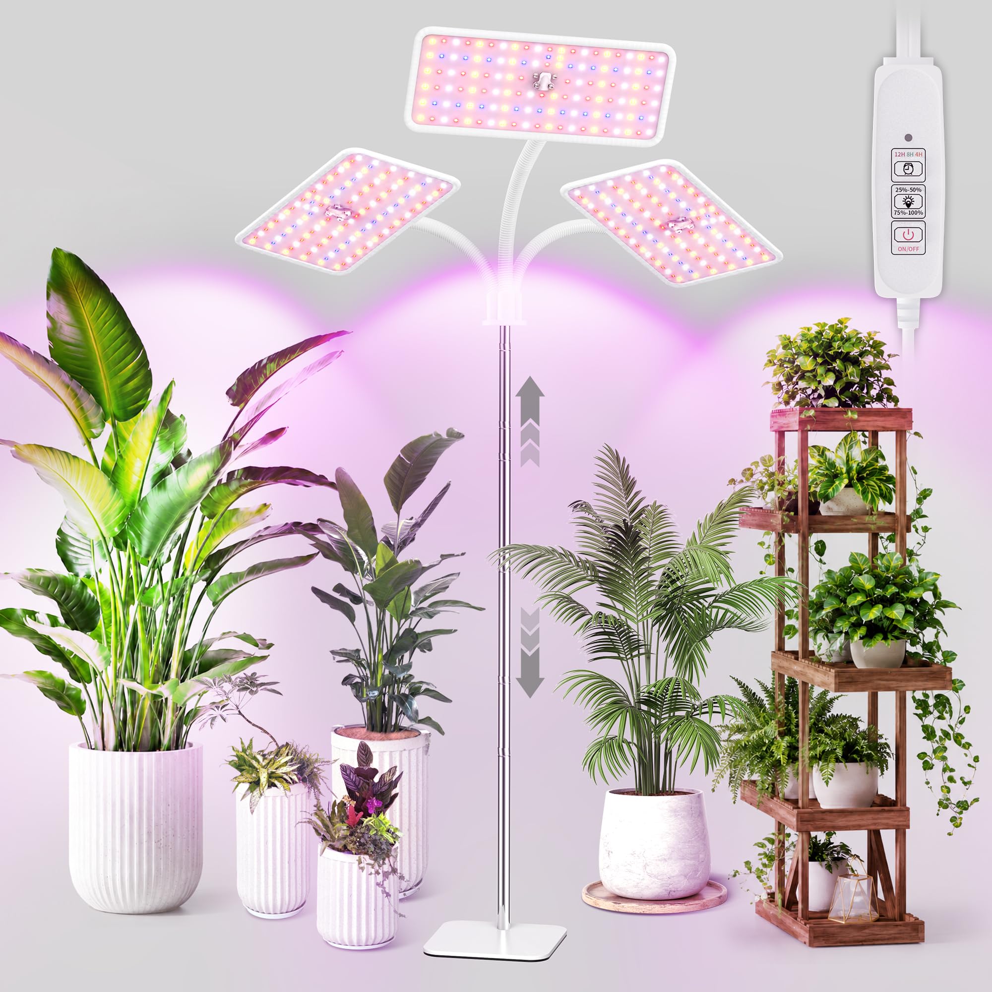 KINGPLUS 48W Grow Light for Indoor Plants with Stand, Tri-Head Plant Light