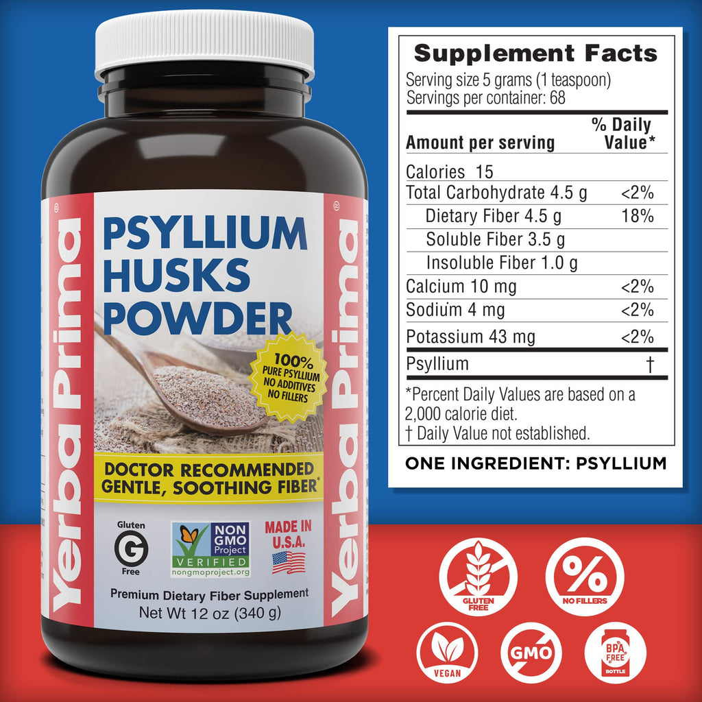 Yerba Prima Psyllium Husks Powder 12 oz - Natural Fiber Supplement - Colon Cleanser - Gut Health - Vegan, Non-GMO, Gluten-Free (New Label - Packaging May Vary)