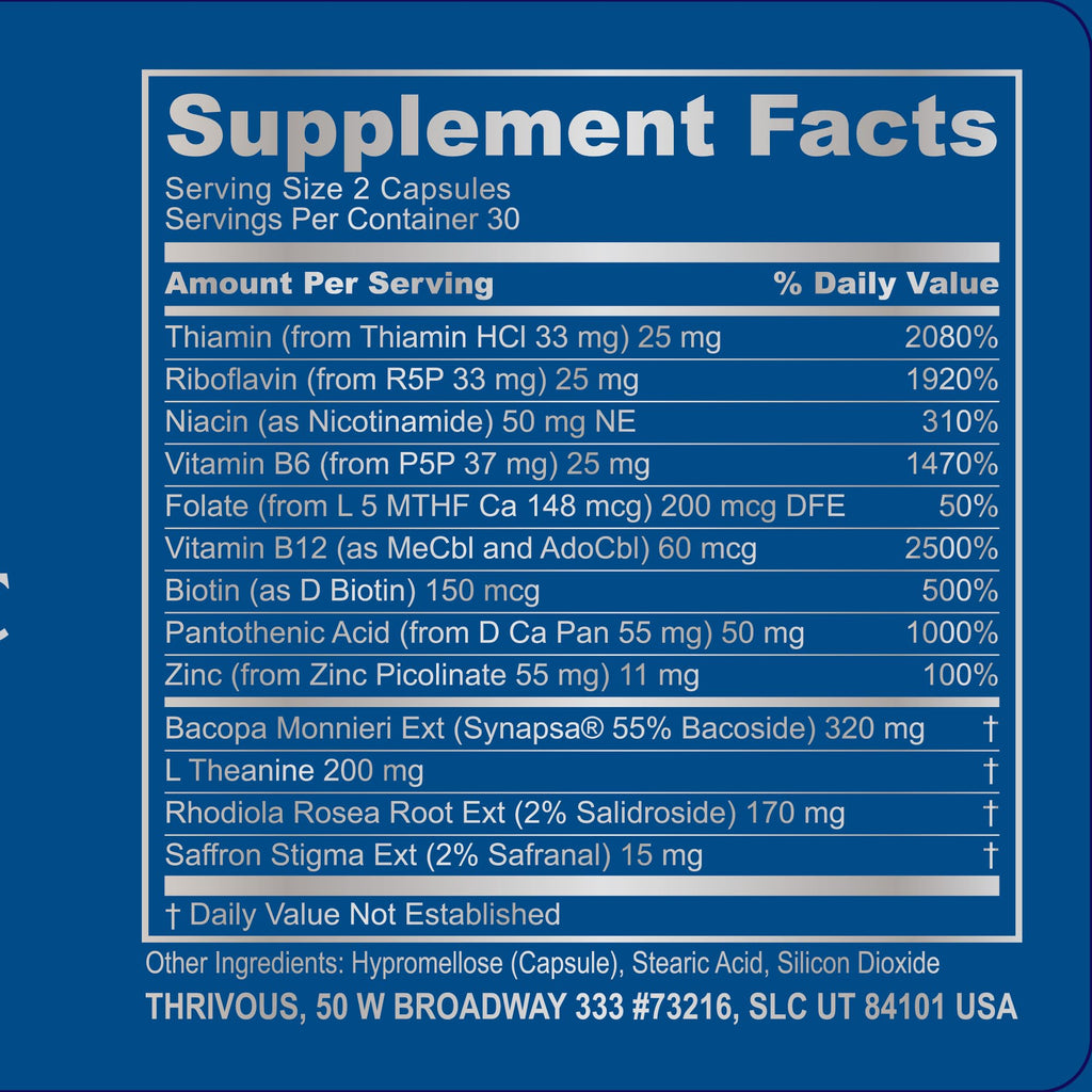 Thrivous Clarity Daily Nootropic – Cognitive Support & Mood Formula with Bacopa (Synapsa®), L-Theanine, Rhodiola Rosea, Vitamin B Complex & Zinc Picolinate – 60 Vegan Capsules