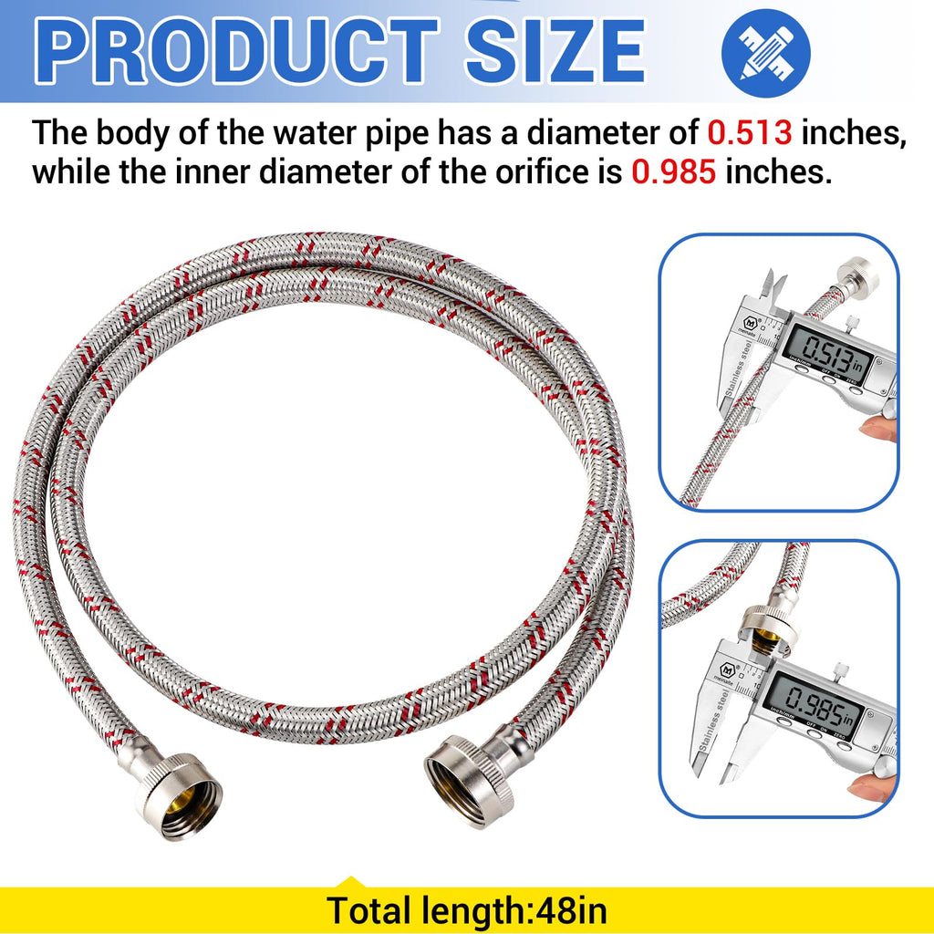 Yejesiy 4 Ft Washing Machine Hoses, 2 Packs Premium Stainless Steel Washer Hoses Burst Proof, Hot and Cold Striped Water Supply Hoses with 3/4'' Standard Interface fit for ALL Washer