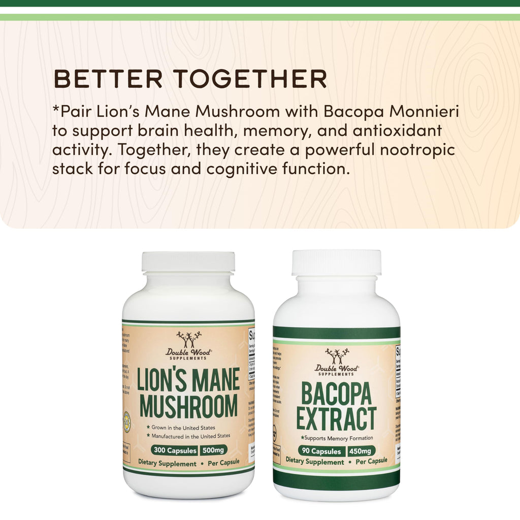 Organic Lions Mane Mushroom Capsules (300 Count), for Focus Support and Immune Health, Third Party Tested and Grown in The USA - by Double Wood