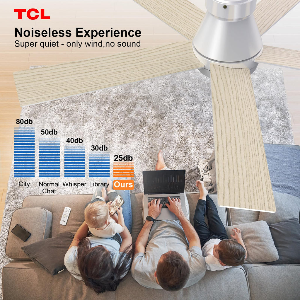 TCL 52" Ceiling Fan with Lights, Silver Flush Mount, 5 Blade Low Profile, 6 Speeds DC Reversible, Dimmable, Modern for Bedroom, Living Room and Garage