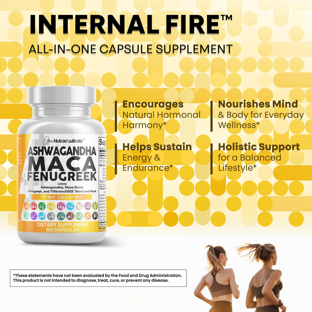 Clean Nutraceuticals Ashwagandha Maca Root Fenugreek Supplement with Tongkat Ali Ginseng - Assists with Stress, Mood & Thyroid - Ashwagandha Capsules Fenugreek Caps - 1 Pack