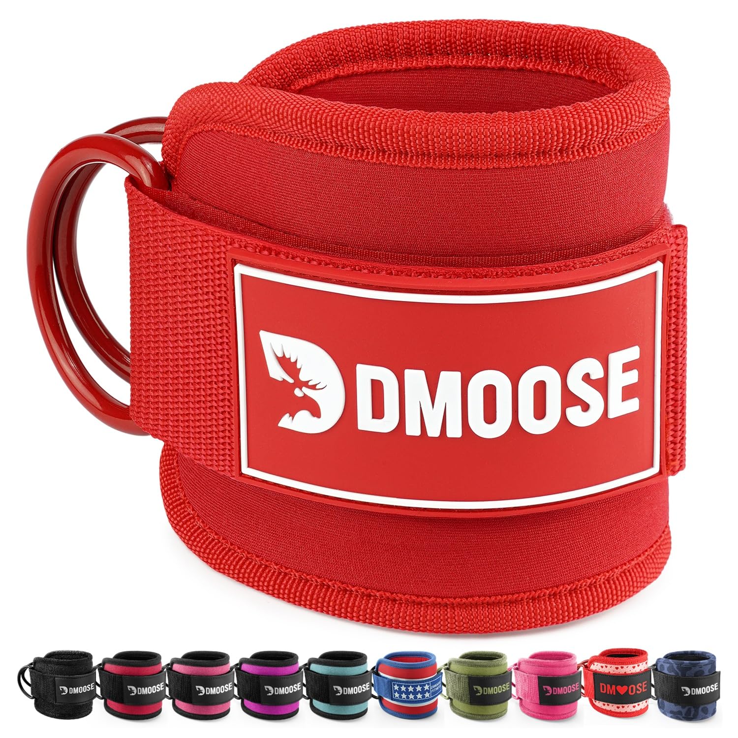 DMoose Fitness Ankle Straps for Cable Machines - One Size Fit Premium Padding, Glute Kickback Ankle Strap for Women & Men, Cable Attachments for Gym, Booty Workouts & Hip Abductors (All Red - Single)