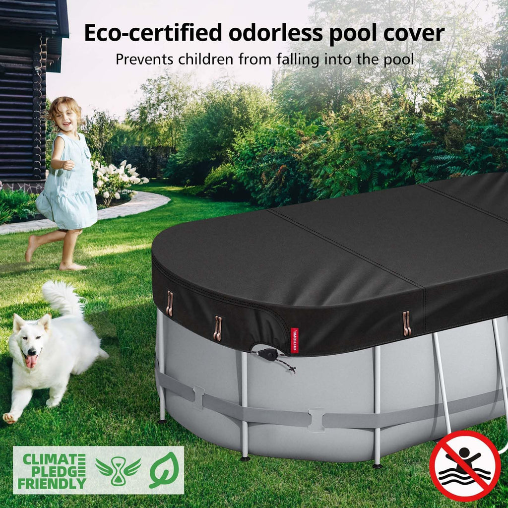 QH.HOME 8.2X14 ft Oval Pool Cover,Solar Cover for Above Ground Pools - Black Oxford Fabric Heats Water, Blocks Leaves & Sun, Windproof Snug Fit with Patented Ratchet & Weight Rings