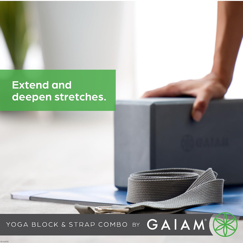 Gaiam Yoga Block & Yoga Strap Combo Set - Yoga Block with Strap, Pilates & Yoga Props to Help Extend & Deepen Stretches, Yoga Kit for Stability, Balance & Optimal Alignment - Black