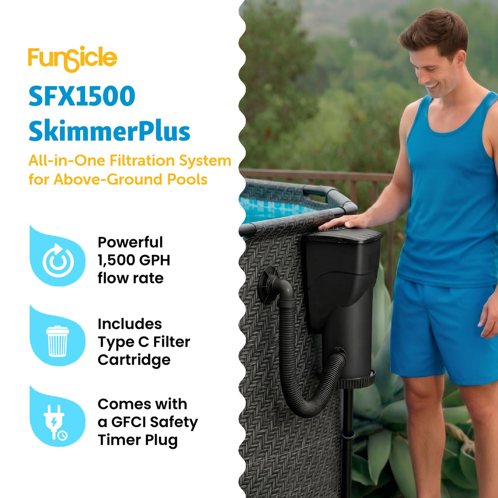 Summer Waves P53FX150K SkimmerPlus 1500 Gallon Above Ground Framed Swimming Pool Water Cleaning Filter Pump System, Black