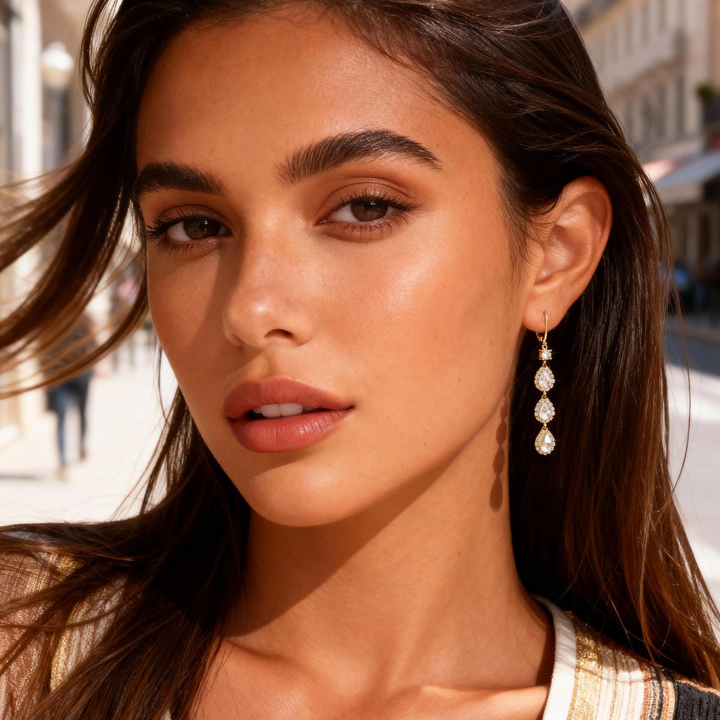 Gold Drop Earring Long Zirconia Teardrop Dangle Leverback Earring for Women
