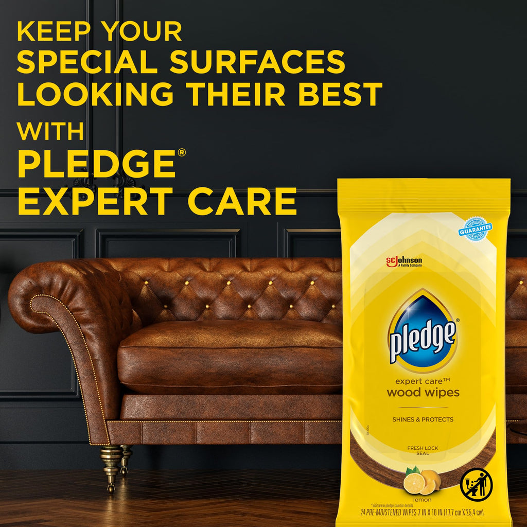 Pledge Expert Care Enhancing Wood Wipes, Lemon Scent (Pack of 6, 144 Total Count), Yellow