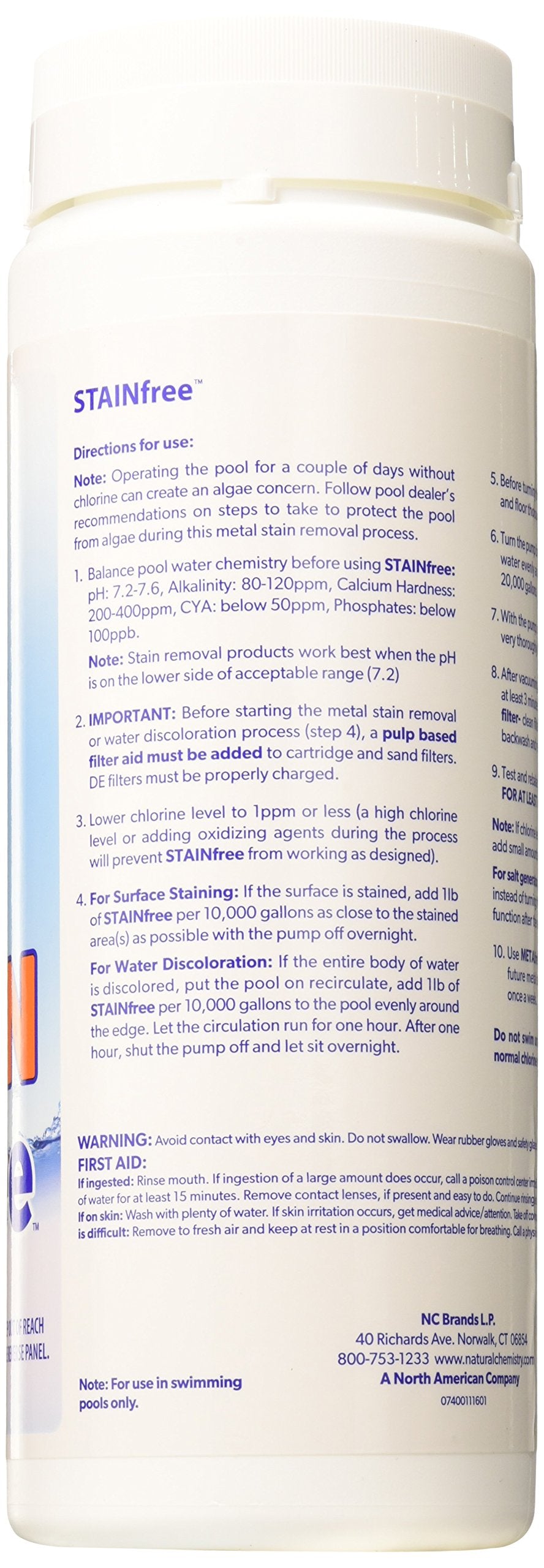 Natural Chemistry Stain Free, 1.75 lb, 100% Citric Acid, Eliminates Metal Stains and Effective on All Pool Surfaces, Works with All Sanitizing Systems