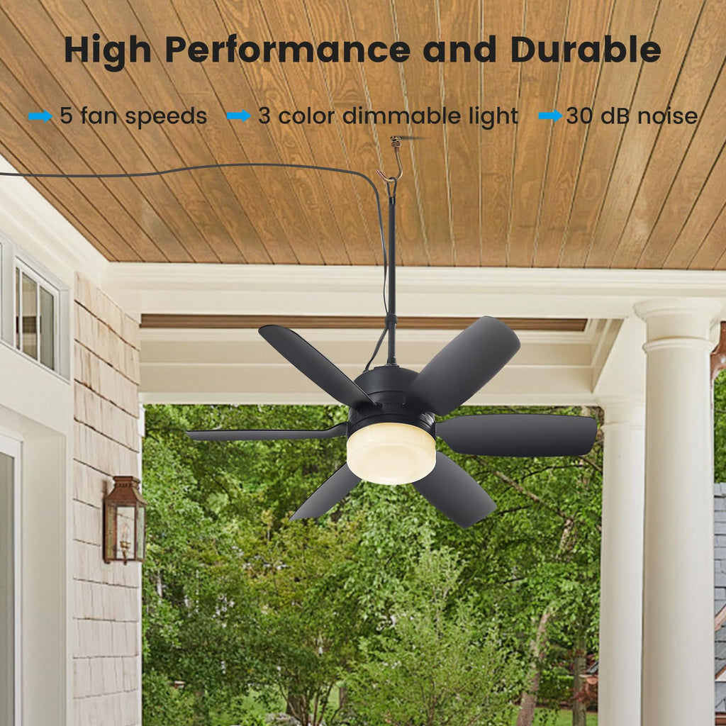 Fanspex 20.5'' Plug in Ceiling Fan with Light for Gazebo Patio Canopy Tent Porch RV, 5 Fan Speeds with Adjust Lighting & Remote Control (Black)