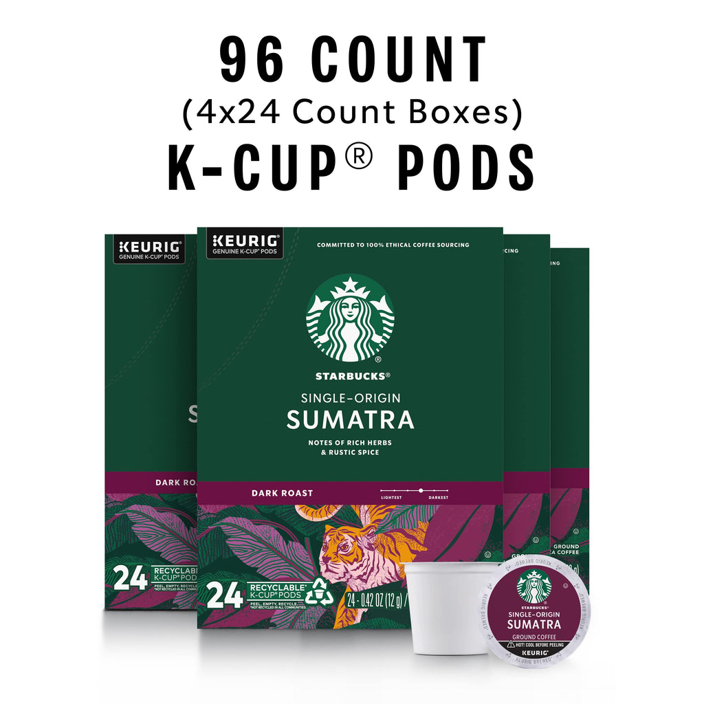 Starbucks K-Cup Coffee Pods, Dark Roast Coffee, Sumatra for Keurig Brewers, 100% Arabica, 4 boxes (96 pods total)