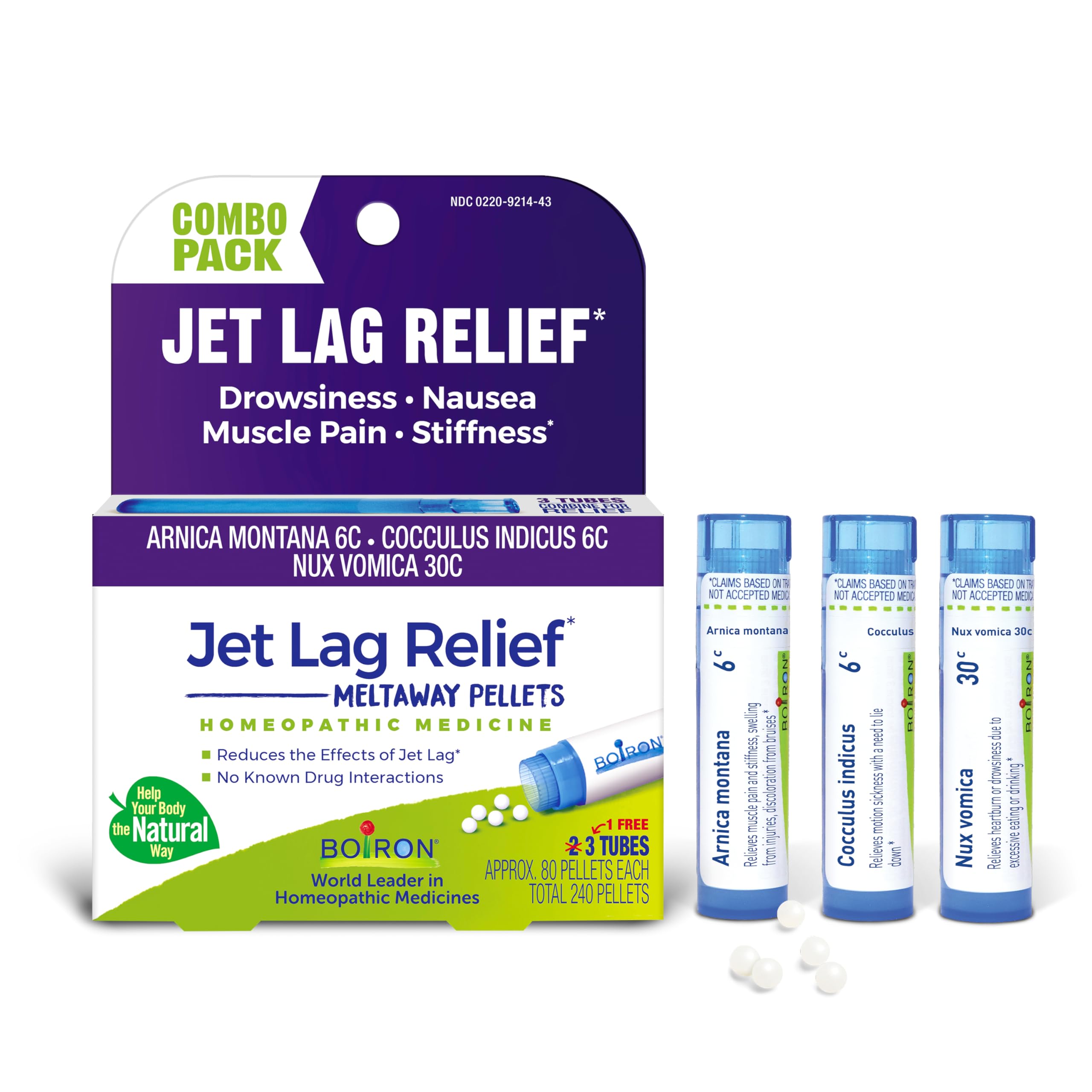 Boiron Jet Lag Relief Kit - Travel Essential for Relief from Nausea, Stiffness, Muscle Pain, and Drowsiness from Long Flights - 3 Count (240 Pellets)