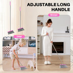 JOYMOOP Pink Broom and Dustpan Set with 56” Handle, Upright Angle with Built-in Comb Teeth for Hardwood Floors and Pet Hair