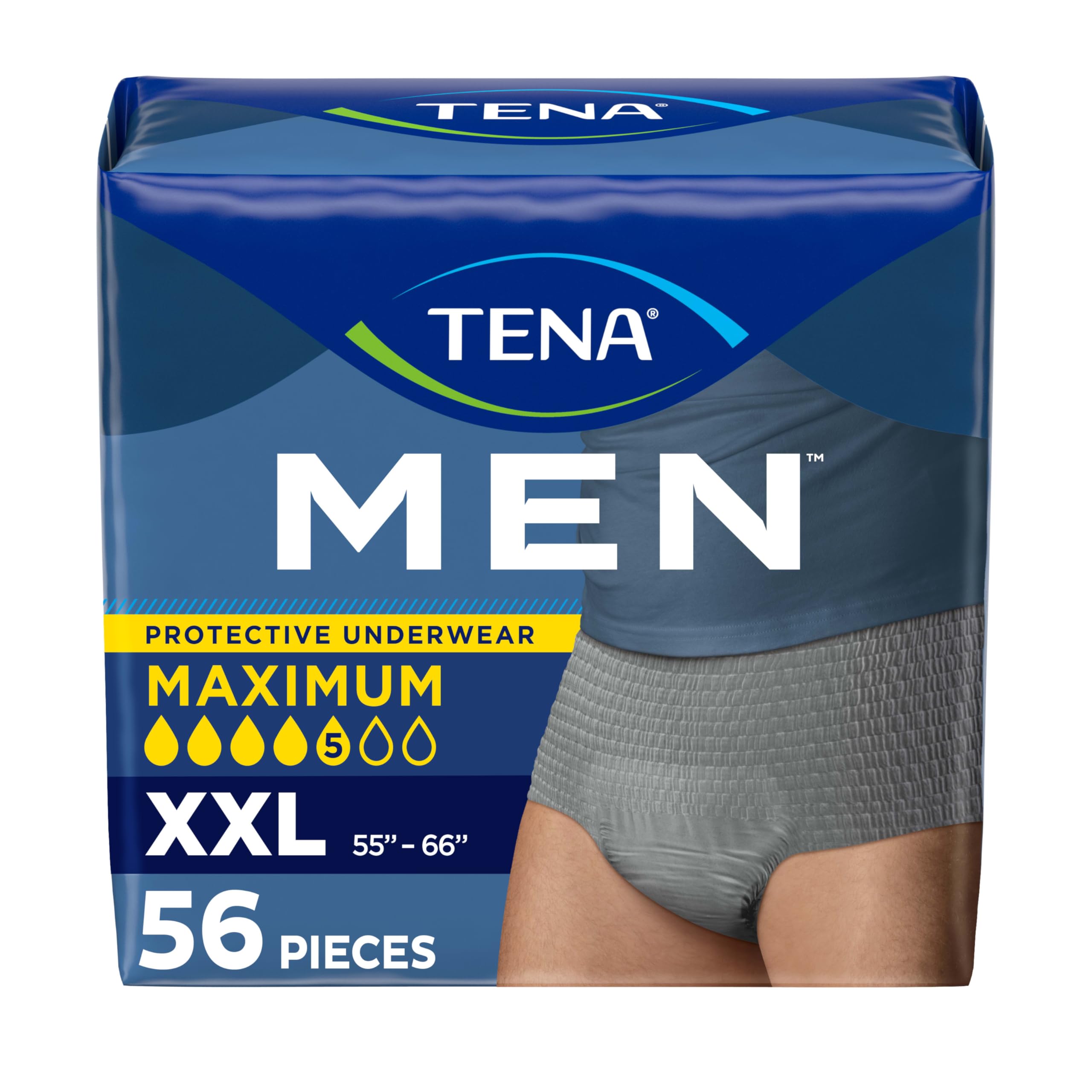 Tena Protective Adult Incontinence Underwear for Men, Maximum, XXLarge, Gray, Disposable, 56 Count (Waist Size 55in-66in)
