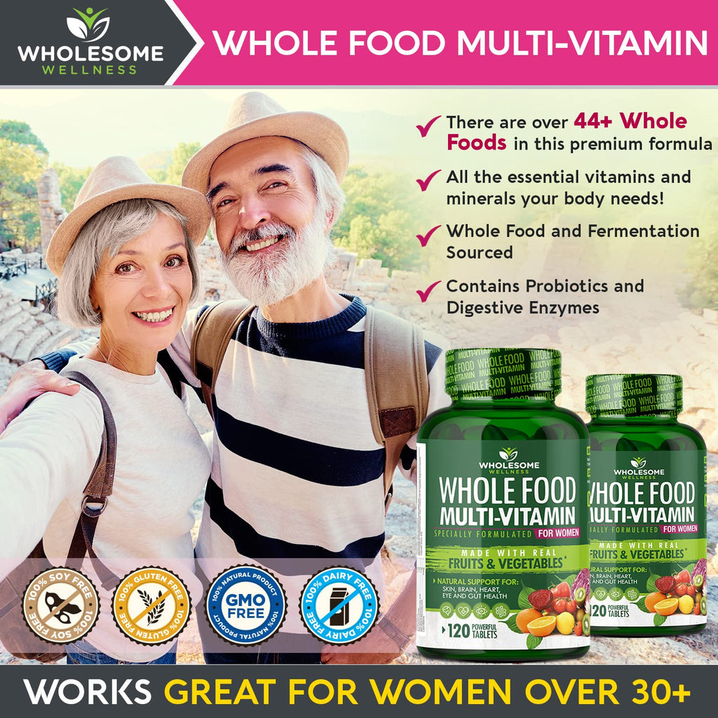 Wholesome Wellness Whole Food Multivitamin for Women - Natural Multi Vitamins, Minerals, Organic Extracts - 120 Tablets