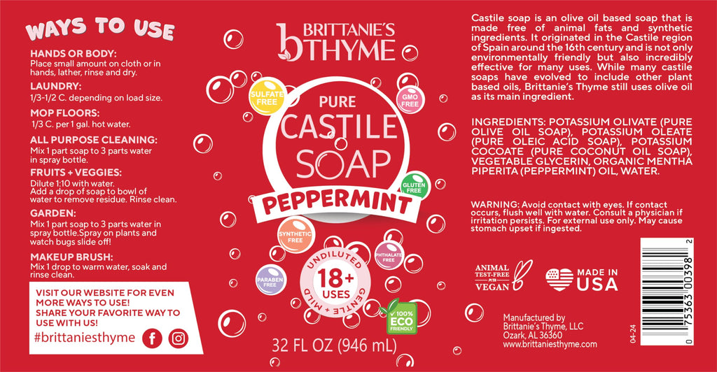 Brittanie's Pure Castile Liquid Soap Peppermint – 2 Pack (32oz Each) | Natural, Organic, Multi-Purpose Soap for Body, Face, Home & Pets | Vegan, Sulfate-Free, Made in USA