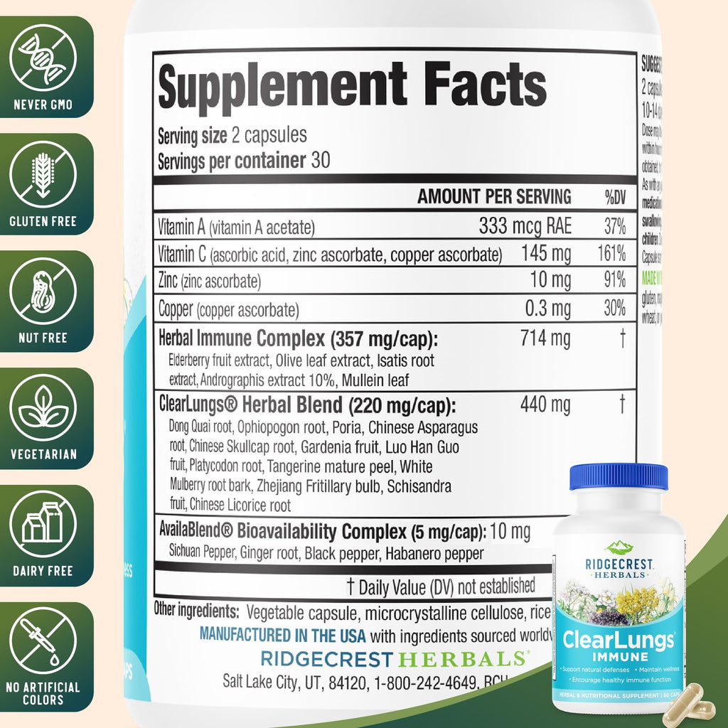 RidgeCrest Herbals ClearLungs Immune, Lung Support Supplement with Elderberry, Zinc, Vitamin C, Vitamin A, Olive Leaf, Mullein, Lung Wellness Formula for Respiratory Health (60 Vegan Caps, 30 Serv)