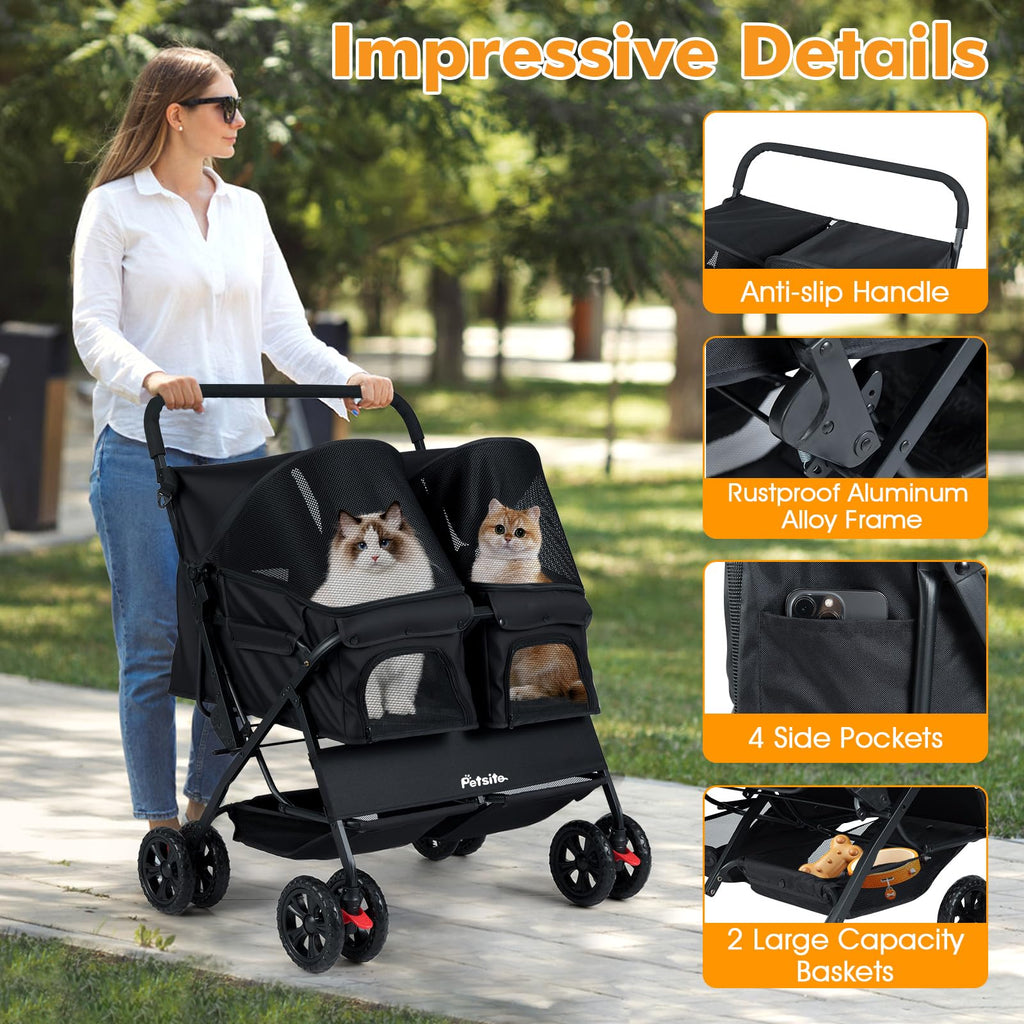 PETSITE Double Pet Stroller, Foldable Double Dog Stroller with 2-Seater Carrier, Adjustable Sunshade, Removable Pad, Safety Belt, Storage Basket, 4-Wheel Pet Travel Cart for 2 Puppies & Cats (Black)