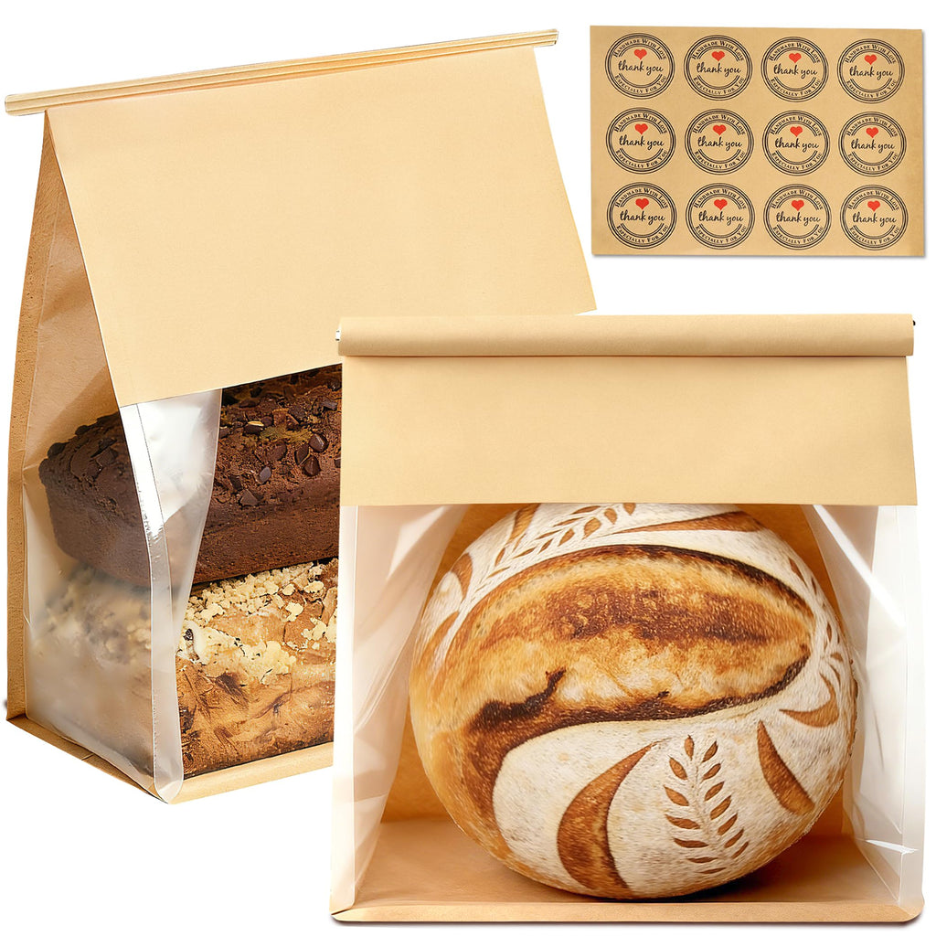 100 Pack Extra Large Paper Bread Bags for Homemade Bread Sourdough Bags, 12.2x10.6x6.1 Inches Resealable Tin Tie Tab Lock Bakery Loaf Bag with Window, Baked Goods Packaging for Gifting and Bake Sale