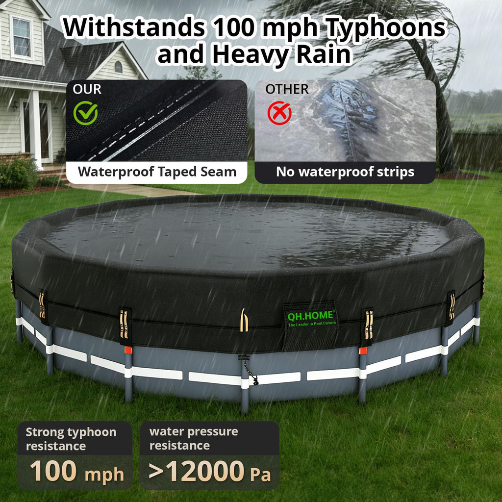 QH.HOME 550D 10 ft Pool Cover Round[Upgraded Tear Resistant & Quadruple Windproof] wth Pre-Installed Patented Winch and Rope, Pool Covers for Above Ground Pools-Snug Fit & Waterproof Protection